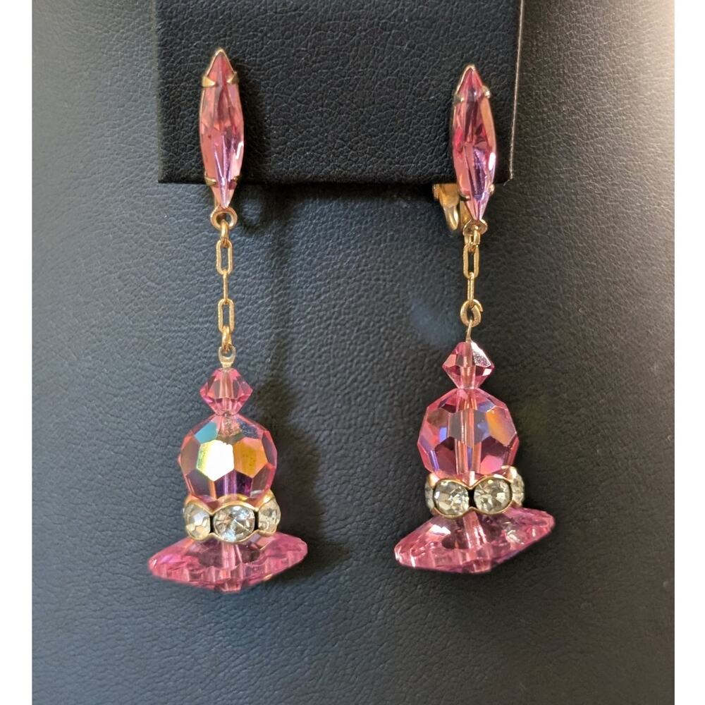 Vintage Pink AB Faceted Crystal Rhinestone Gold Tone Dangle Ear Clips